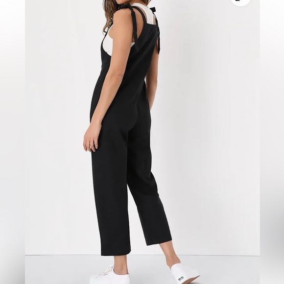 Lulus Tie Strap Beachy Linen Blend Straight Leg Preppy Black Overalls Jumpsuit L - Picture 2 of 16
